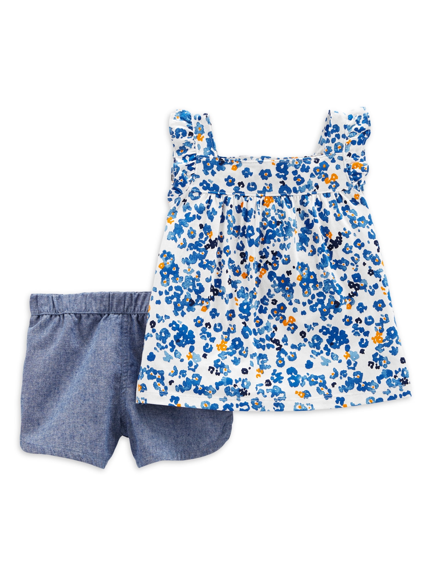 NEW Girls 2pc Outfit Size 4T Blue Floral Smocked Sleeveless Top Denim Shorts Set 