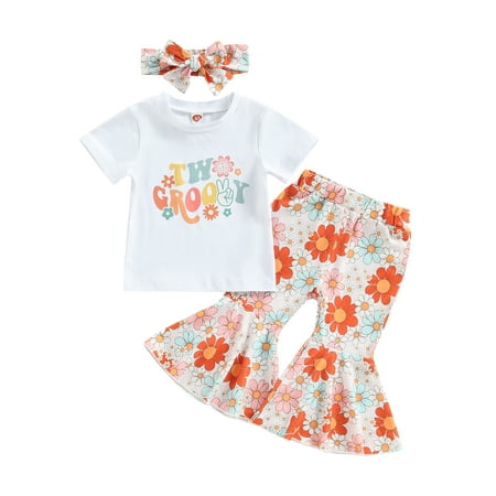 

Pudcoco Baby Girls Pants Set Short Sleeve Crew Neck Letters Print T-shirt with Flower Print Flare Pants and Hairband