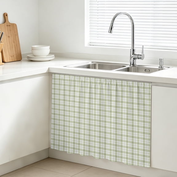 Green Plaid Cabinet Curtains for Kitchen 28"W x 35"L, Classic Sage Green Grid Checkered Lines Stripes Farmhouse Sink Skirt Magic Tape Short Curtain Decorative Privacy Panel for Bathroom Laundry