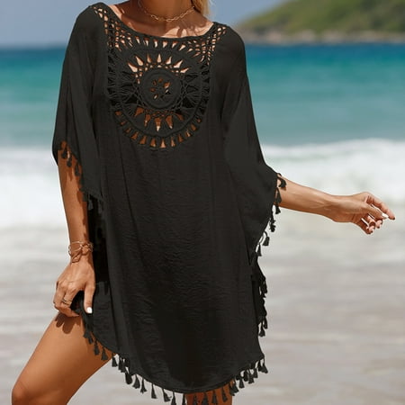 YEJIMAN Black One Piece Swimsuit Women  Polyester Vintage  Women s Solid Color Patchwork Beach Dress Small Tassel Short Sexy Beach Cover Up