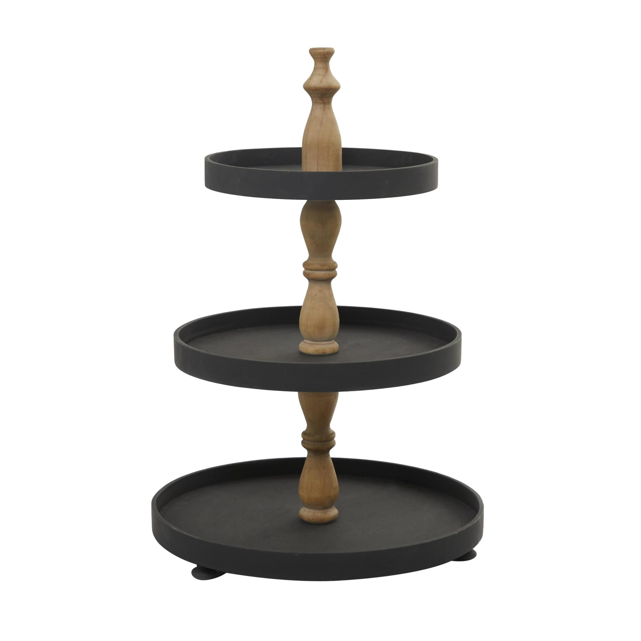 DecMode 16" x 24" Black Wood 3 Tiered Server with Brown Post, 1-Piece