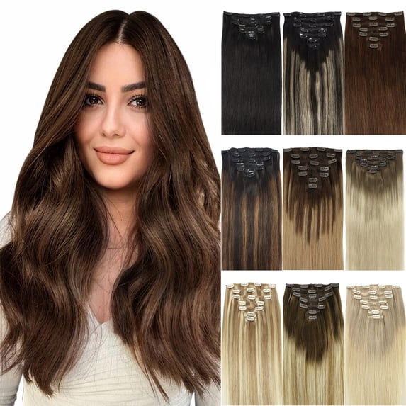 Hotbanana Clip in Hair Extensions Chocolate Brown Real Remy Human Hair Weave Double Weft Full Head 14-24 inch 7pcs