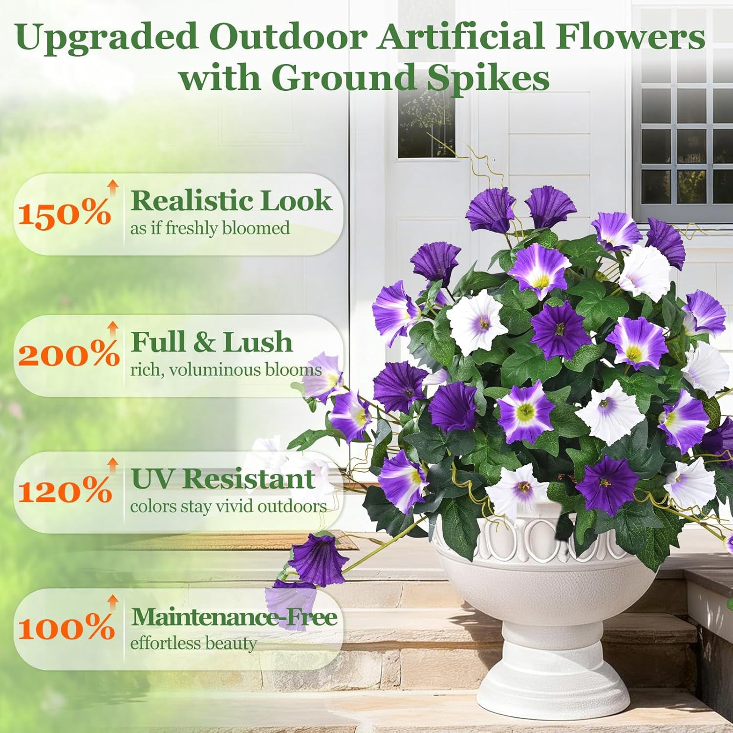 Lyacmy 2 Pack 19.7in Artificial Flowers Topiary Ball Trees for Outdoors, UV Resistant Lifelike Morning Glory Fake Bushes Plants with Ground Spike for Porch Garden Decor