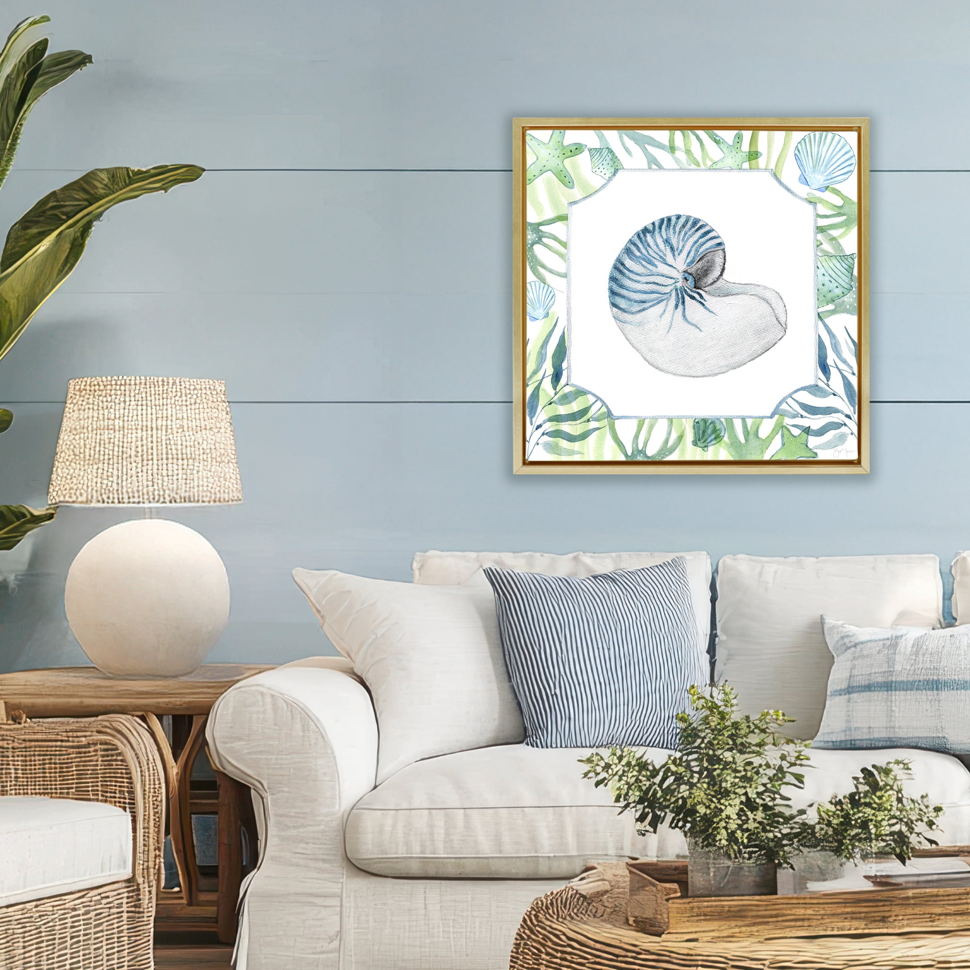 Stupell Industries Seaweed & Seashells Aquatic Gold Framed Floater Canvas Wall Art, design by Janet Tava