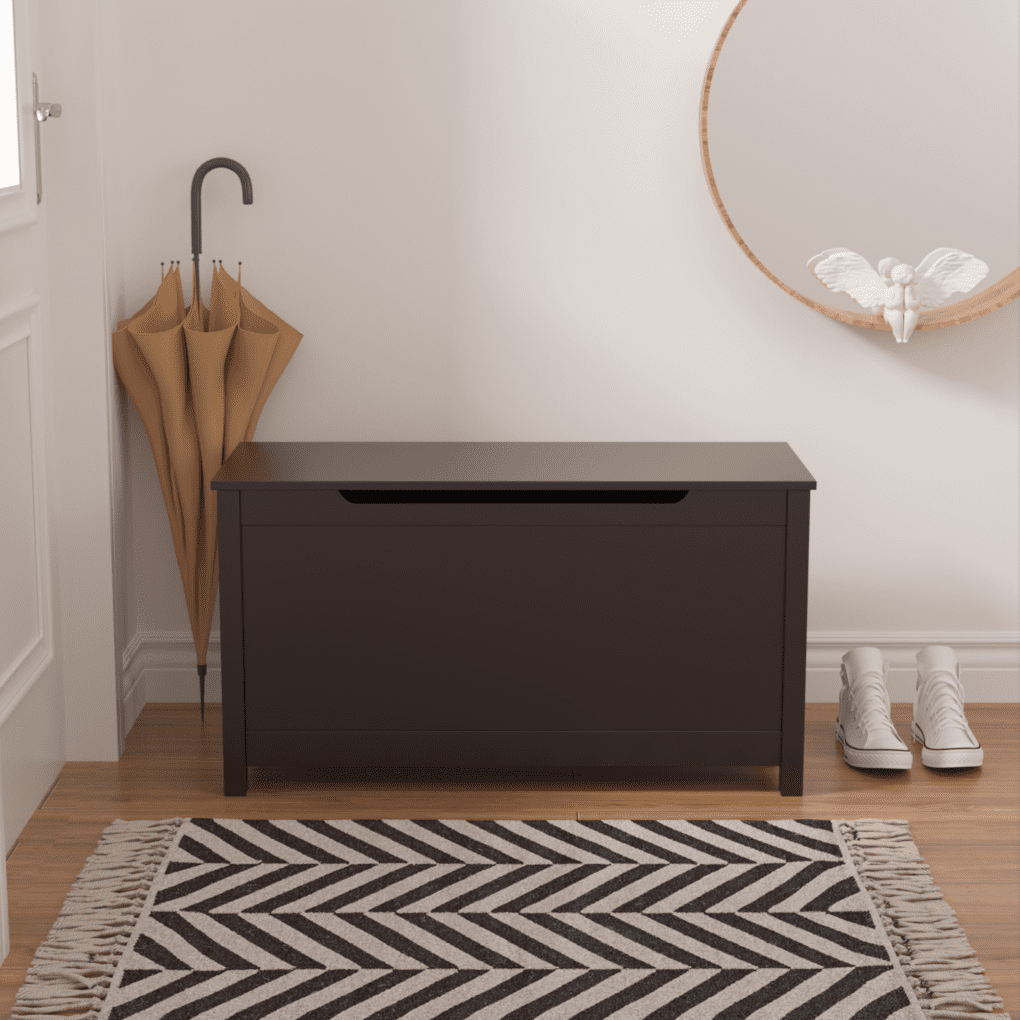 31.5'' Children Toy Box with Safety Hinges, Wooden Organizer Storage Chest for Living Room and Play room, Coffee