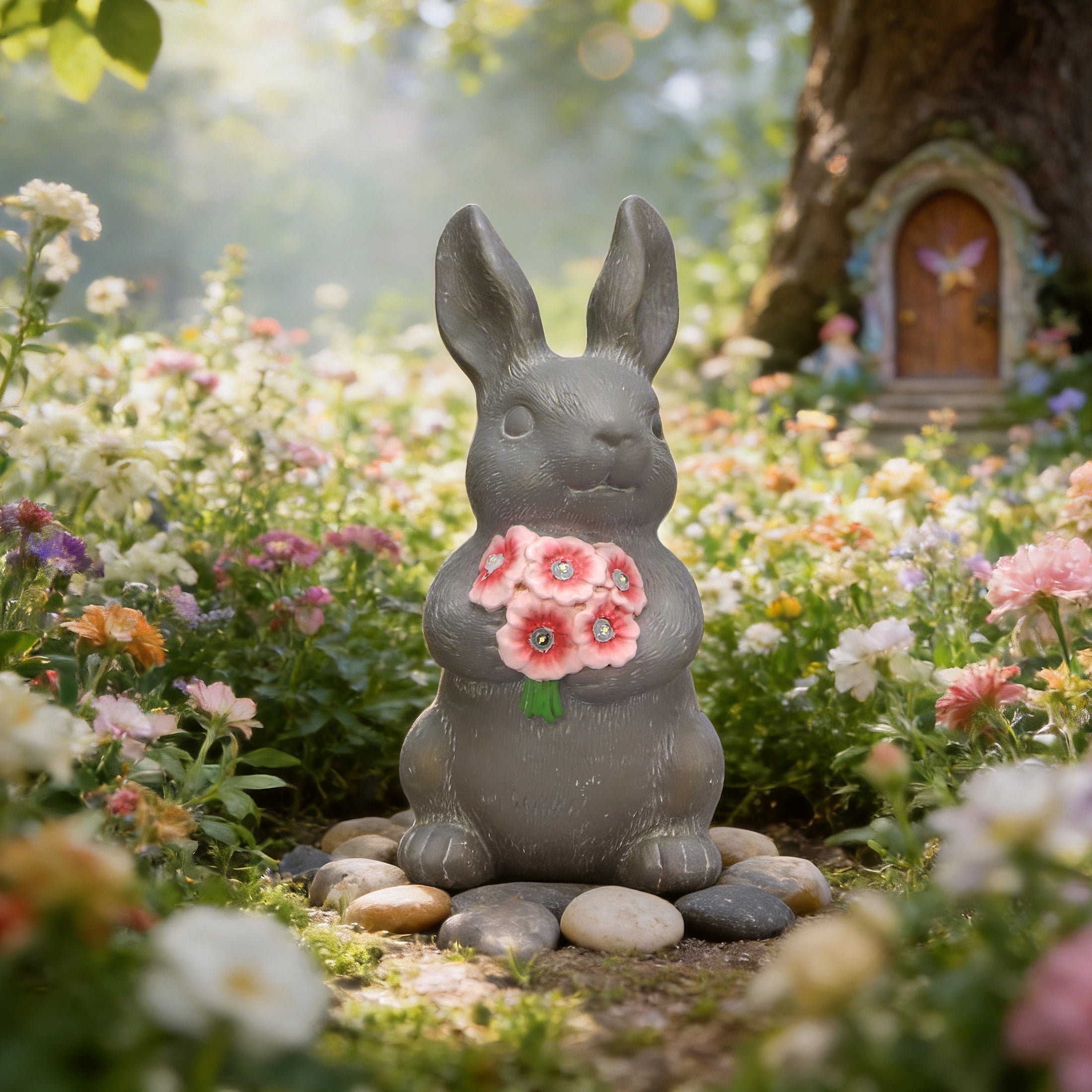 The Growing Ground Solar Bunny Garden Statue with LED Light, Resin Garden Decor for Patio, Lawn, Gray and Pink