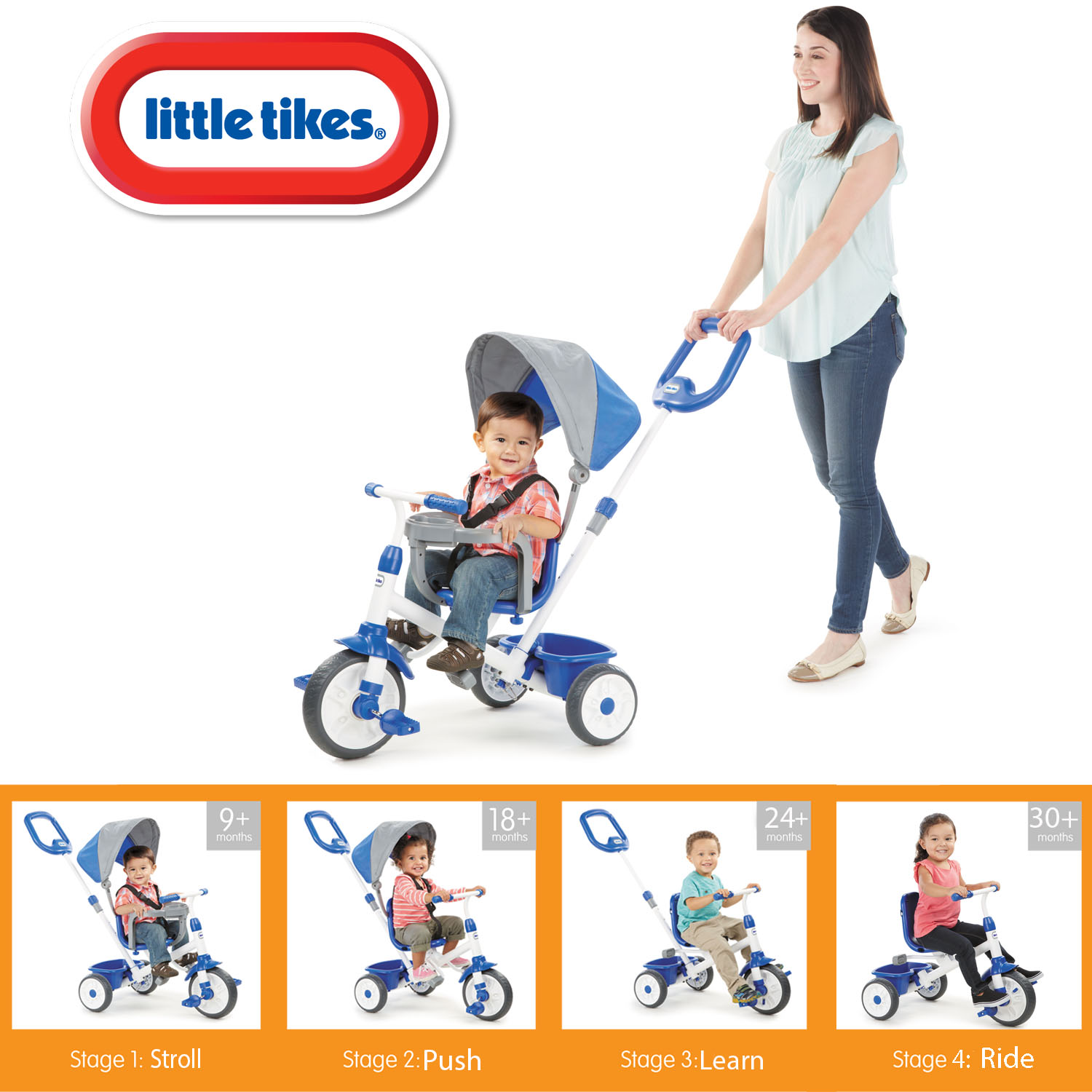Little Tikes My First Trike 4-in-1 Trike, Blue, Convertible Tricycle, Toddlers w/ 4 Stages of Growth & Shade Canopy, Kids Boys Girls Ages 9 Months to 3 Years - image 3 of 6