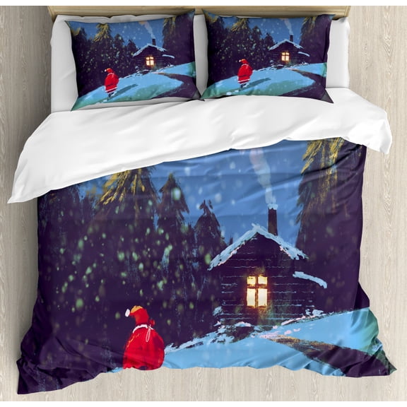 Fantasy Art House Decor King Size Duvet Cover Set, Christmas Santa Claus Walking to the Mountain House Surrounded by Pines, Decorative 3 Piece Bedding Set with 2 Pillow Shams, Multi, by Ambesonne