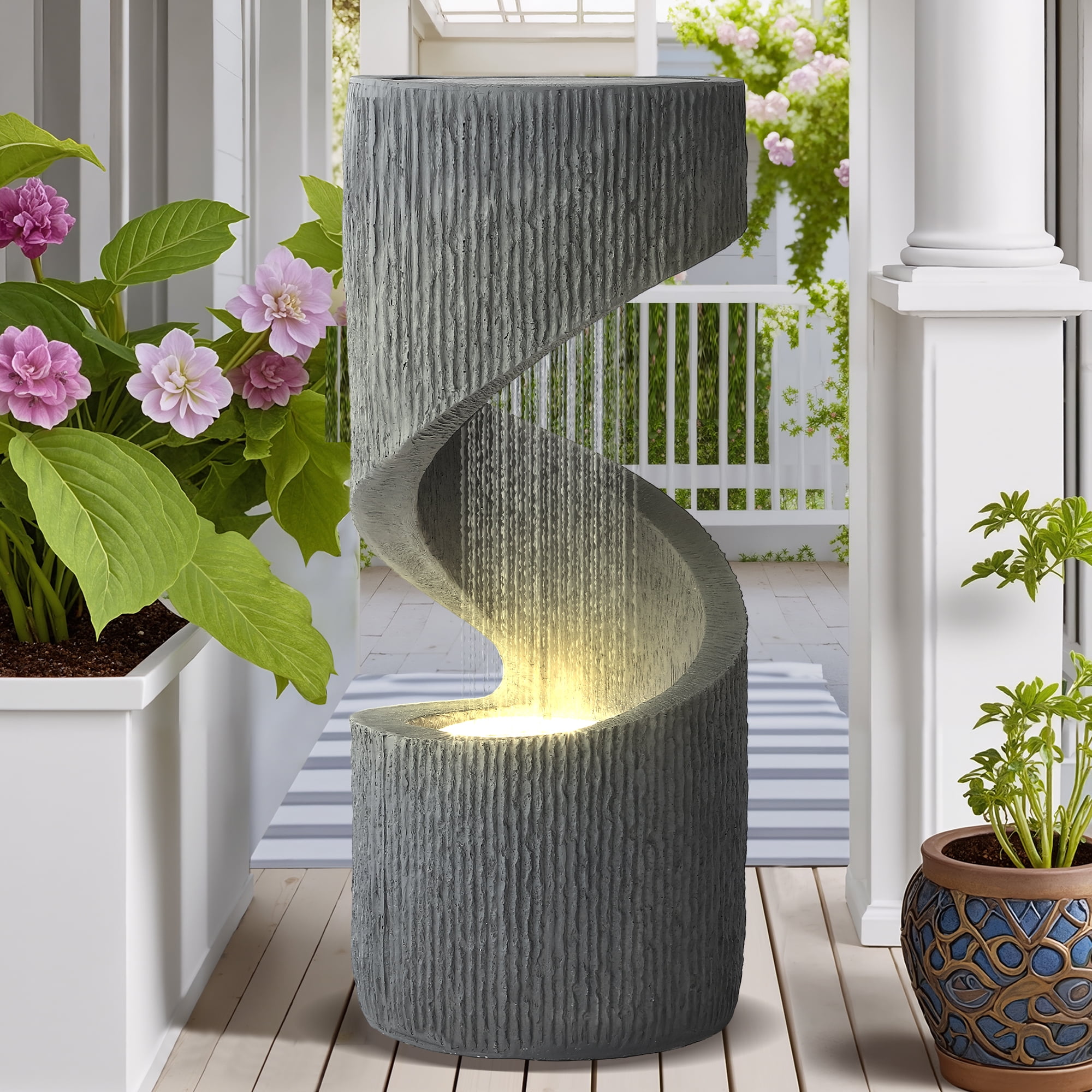 Magic Union Outdoor S-Shaped Water Fountain, Spiral Waterfall Indoor Fountain Outside Garden Decor with LED Lights & Pump, Curved Patio Resin Fountains for Yard, Deck, Porch and Home Decorations