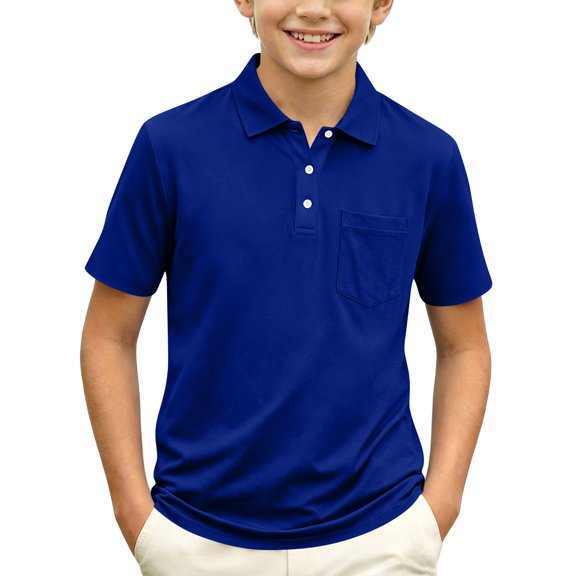 Garbnen Polo Shirt for Boys Collared Short Sleeve Boys' Golf Shirts Preppy Back To School Student Button Boys School Uniform Polo Shirts Blue 12-13Y