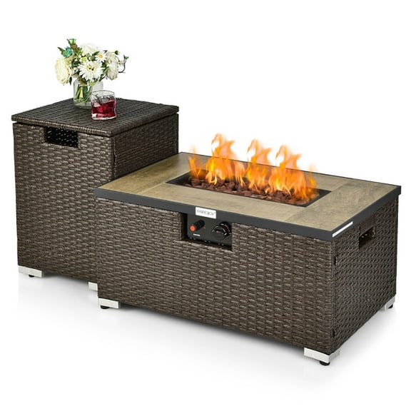 YYAo Fire Pit Table, Fire Bowl Table,32 x 20 Inch Propane Rattan Fire Pit Table Set with Side Table Tank and Cover-Brown