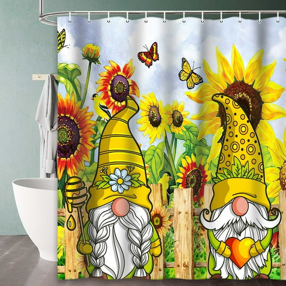 Rustic Gnome Shower Curtain,Yellow Sunflower Shower Curtain Set Farmhouse Country Fabric Bathtub Decor Hooks 72 X 72Inch