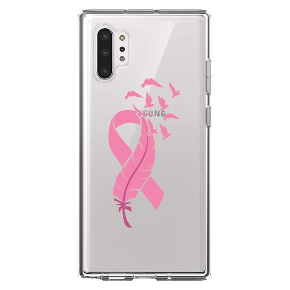 DistinctInk Clear Shockproof Hybrid Case for Galaxy Note 10 PLUS (6.8" Screen) - TPU Bumper Acrylic Back Tempered Glass Screen Protector - Pink Ribbon Cancer - Feather Birds
