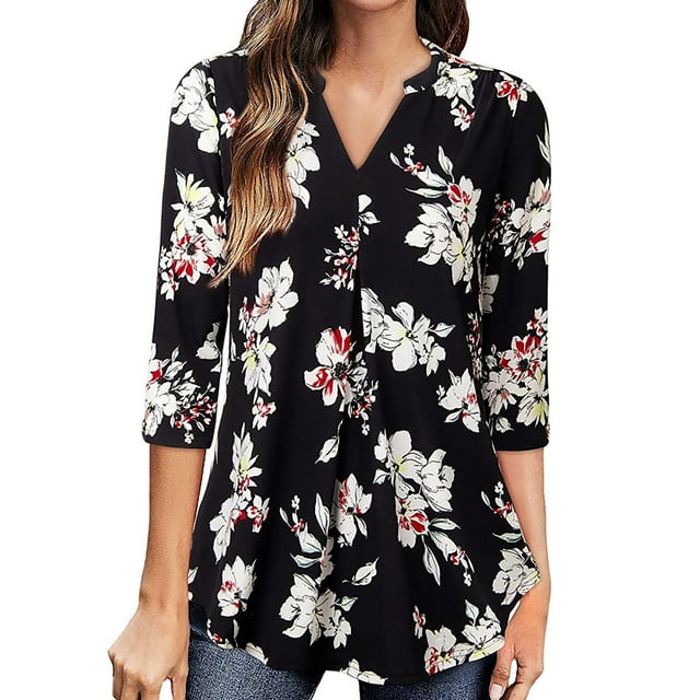 DPTALR Blouse Femme Col en V Manches 3/4 Imprimée Automne Pull Décontracté