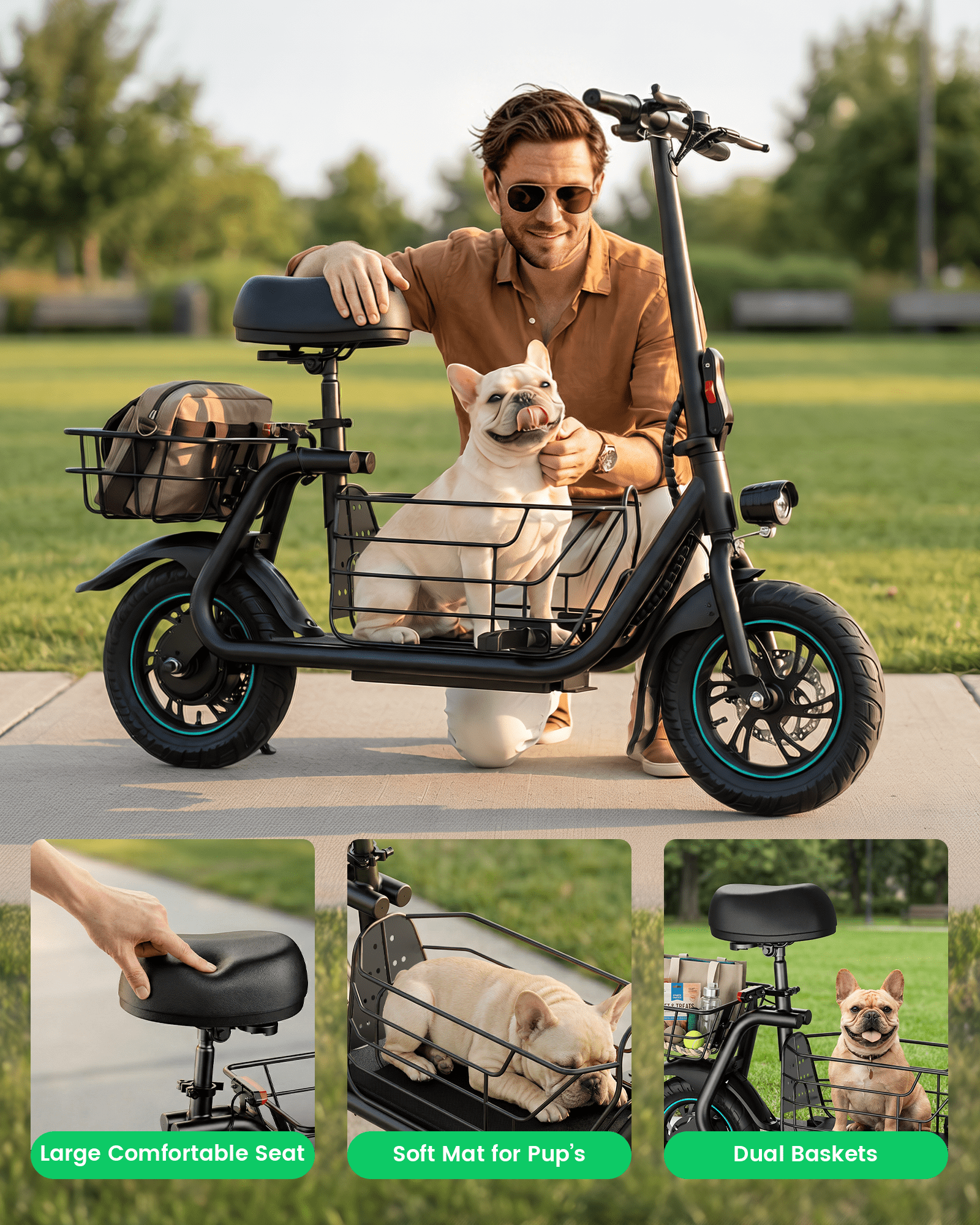MIHOVER 550W Pet Friendly Electric Scooter with Seat for Small Dogs, 12" Electric Scooters for Adults, Dual Baskets 36V 7.8AH Battery, UL2272 Certified