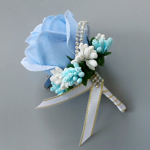 Xiao Hua 1 piece groomsmen corsage groom silk rose wedding dress corsage accessories pin brooch decoration - (Lake Blue)