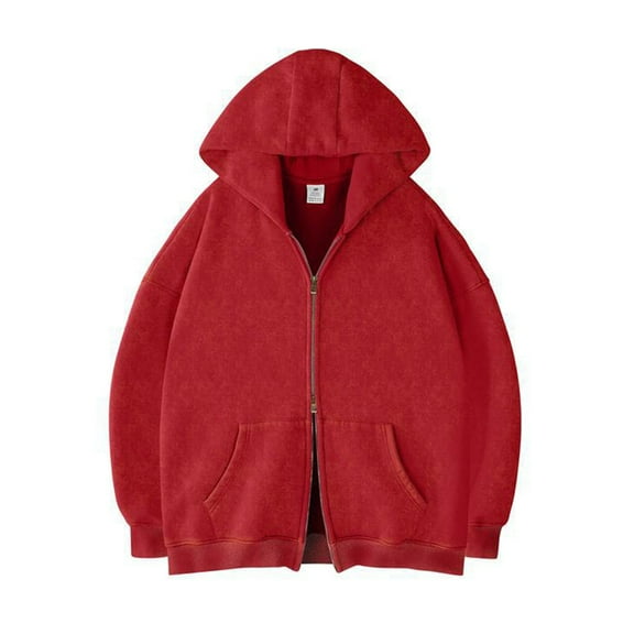 Men's Hooded Sweatshirt Cardigan Long Sleeve Double Zipper Vintage Wash Fall Fashion Zipper Jacket Coat (XS, Red)
