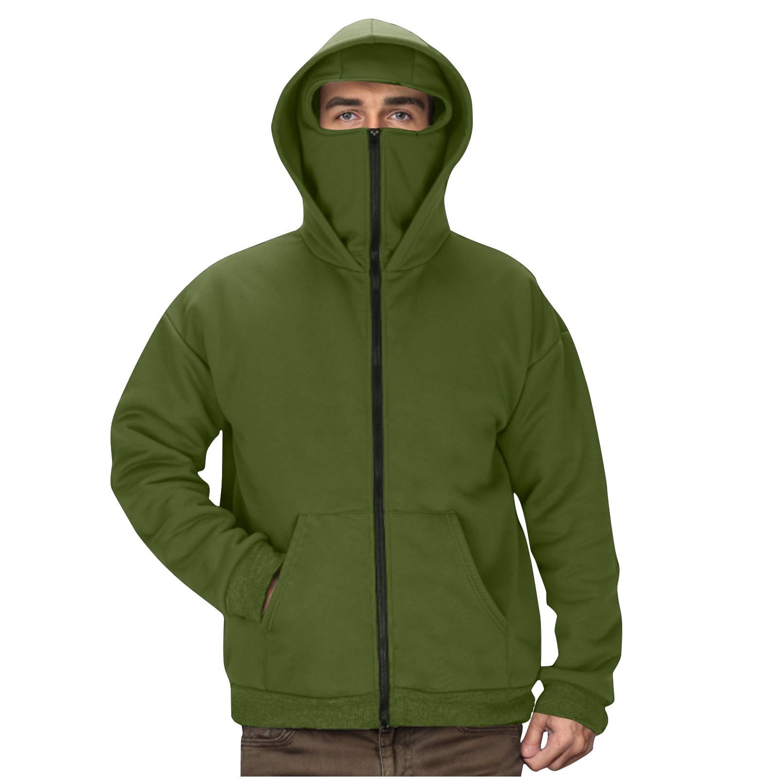 Mens Balaclava Hoodie Winter Double Hooded Zip Jacket Loose Fit Zip Up Fashion Hoodies Jacket Fleece-Lined Hoodie with Built-In Balaclava Wind-Resistant Streetwear Sweatshirt with Ski Mask