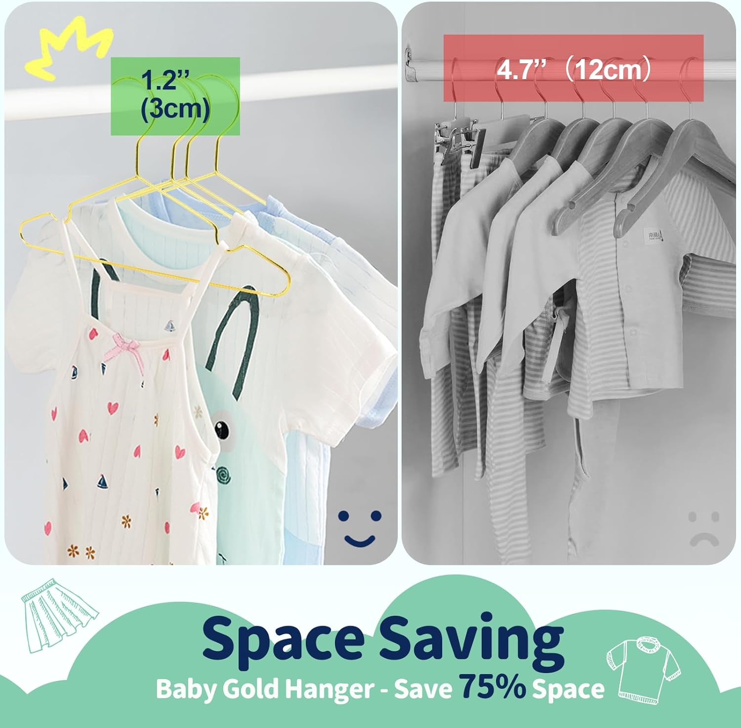 SPECILITE 11.8” Kids Baby Metal Hangers 30 Pack, Heavy-Duty Wire Clothes Hangers with Notches for Toddler Clothes, Gold