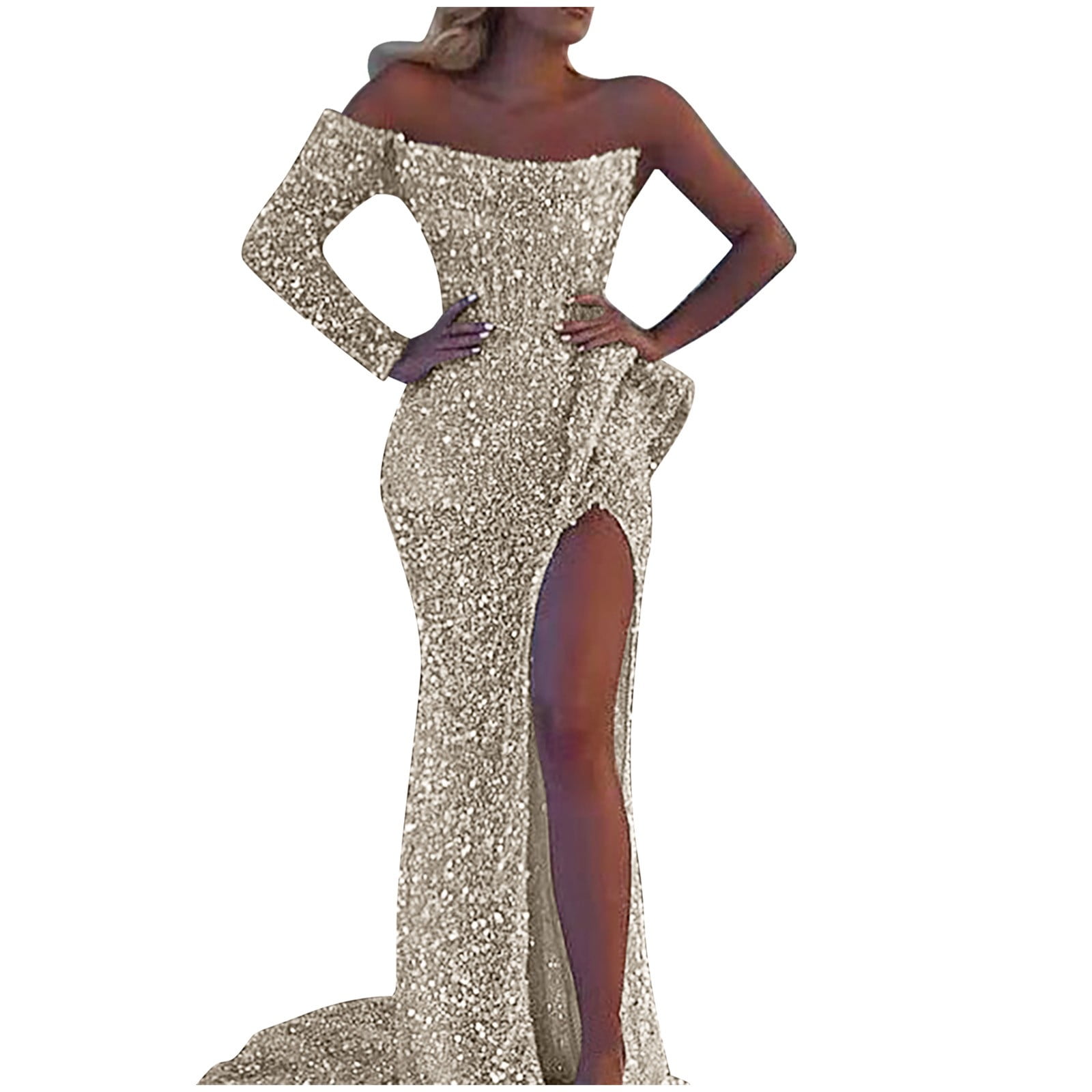 Huaai Trendy Dresses Women Dress One Line Shoulder Mop Sequined Banquet