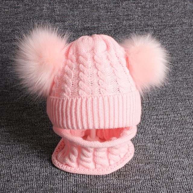Gorro de lana para niños, conjunto de bufanda y gorro de punto con doble bola y piel de mapache sintética