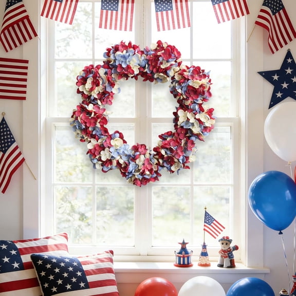 4th of July Patriotic Hydrangea Wreath,Independence Day Full Floral Red White Blue Wreath for Front Door,Porch,Wall,Fireplace,Indoor,Outdoor Decor