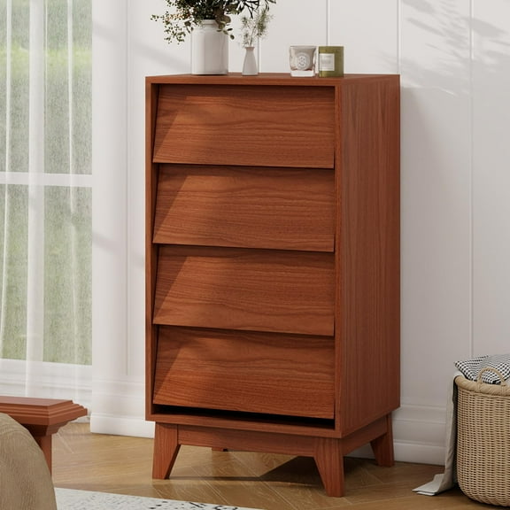YIGOBUY Tall Dresser with 4 Drawers, Mid Century Modern Dresser, Wooden Cehst of Drawers,Beveled Design Drawer Dresser, Storage Cabinet for Bedroom, Living Room, Hallway