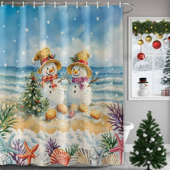Shower Curtain 36"W x 72"L Winter Snowman Christmas Tree Ocean Beach Coral Shell Fabric Shower Curtains Set with Hooks Water Repellent Bathroom Curtains Machine Washable Bathroom Accessories