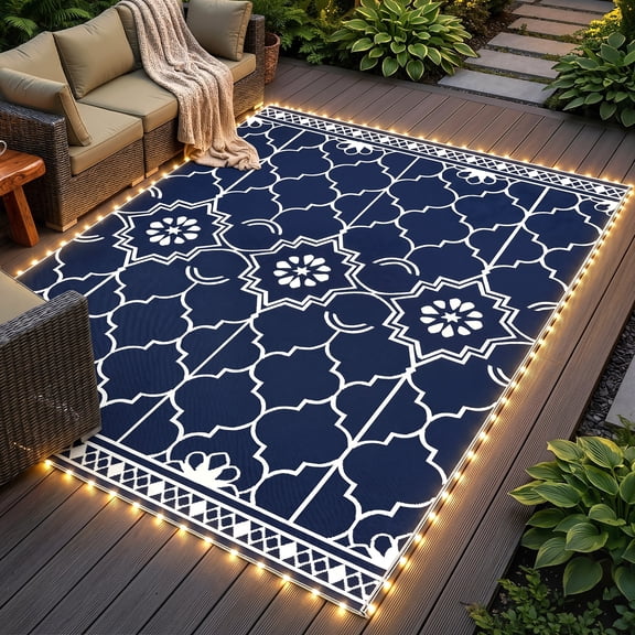 Outsunny Reversible Outdoor Rug Carpet with LED Lights, RV Camping Mat with Carry Bag and Ground Stakes, Dark Blue and White