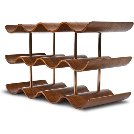 Countertop Wine Rack - 12 Bottle Freestanding Wine Bottle Holder Stand - 3 Tier Wooden Wine Storage Rack - Walnut Wavy Wine Organizer for Cabinet Pantry Home Kitchen Bar
