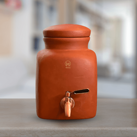 Mittify Handmade Earthen Square Water Pot | Clay Water Pot with Metal Tap | Eco-Friendly Water Pot | Terracotta Jug, (101oz/3L)
