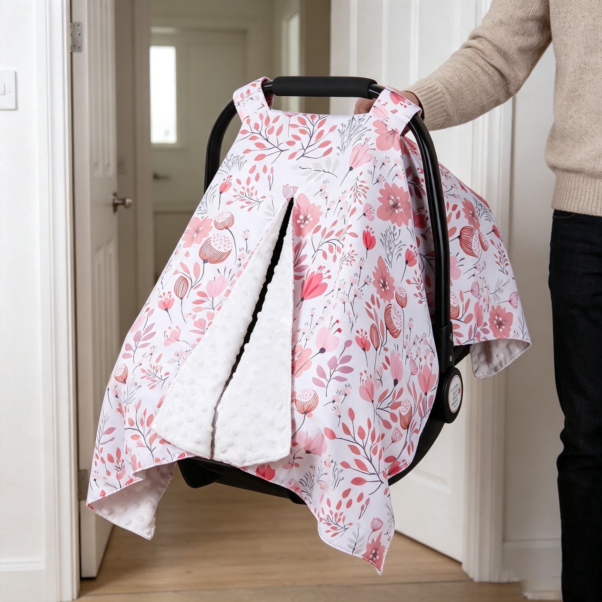 YIYIQCSJ Floral Car Seat Cover Baby Girl Boy Mesh & Minky Dot, Lightweight Stroller Sun Shade