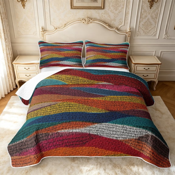 meiyoeat Vibrant Abstract Bed Spread Queen For Men Women,Colorful Striped Queen Coverlet Set,Multicolor,3 Pieces,1 Quilt and 2 Pillowcases