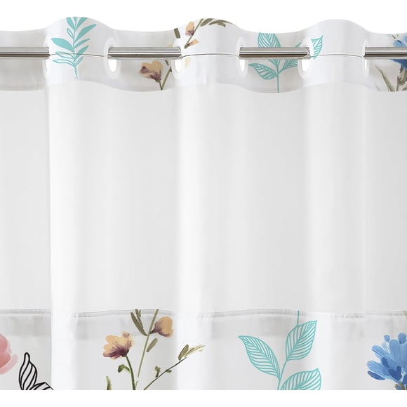 Americanflat 72x75 Hookless Shower Curtain - Water-Resistant Floral Shower Curtain with Sheer Panel, Snap-in Liner, and Grommets - 100% Polyester - Botanical Bathroom Curtains - Pink, Blue and White
