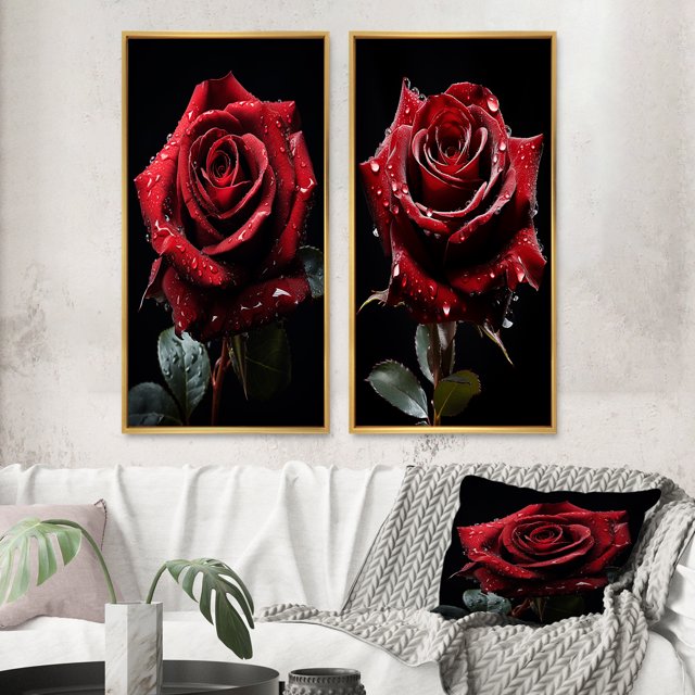 Designart "Red Black Rose gracefulness I" Rose Framed Wall Art Set Of 2 - Red Floral Gallery Wall Frame Set For Home Decor