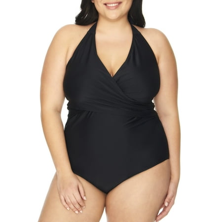 Time and Tru - Women's Plus Size Black Wrap One Piece Swimsuit ...