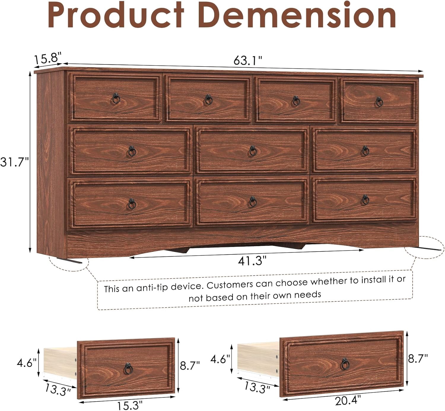 Frmobepts 10 Drawer Dresser for Bedroom, Dresser TV Stand, Chest of Drawers for Storage and Organization, Cherry