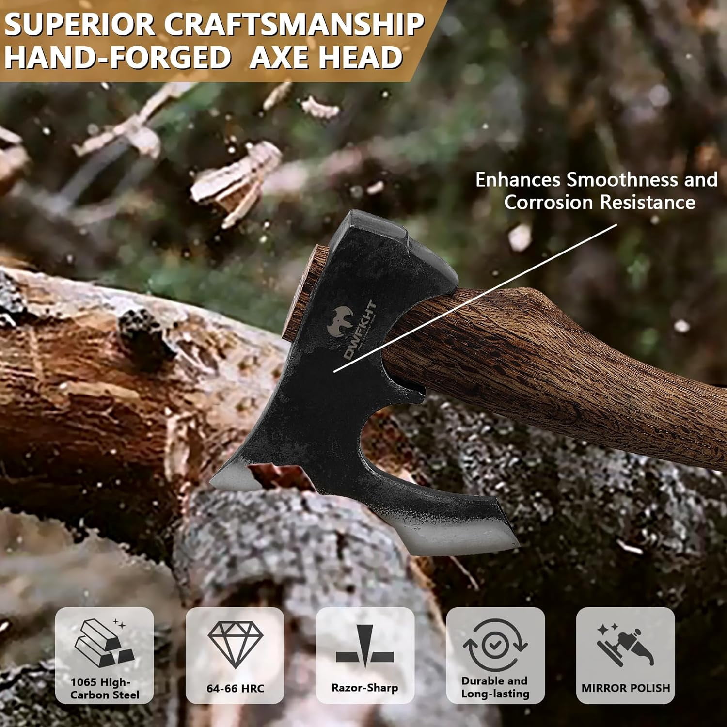 DWFKHT 15.7" Camping Hatchet Axe with Sheath, 1065 Steel Bushcraft Tool for Wood Chopping & Outdoors