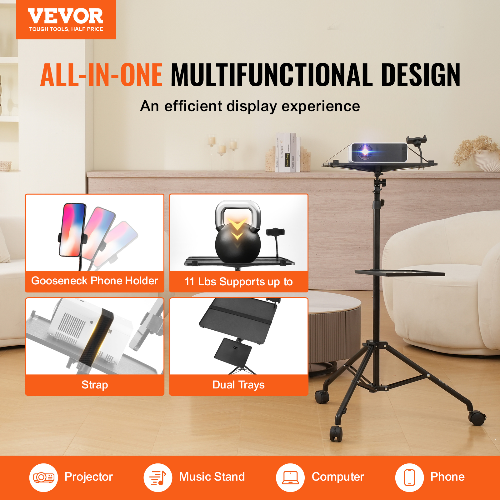 VEVOR Projector Stand with Wheels, Laptop Stand Tripod Adjustable Height from 31.3 to 67.3", Projector Tripod Stand with 2 Trays & Gooseneck Phone Holder, for Outdoor Movies, Home, Office or Studio