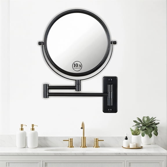 8 in. Round Wall-Mount Makeup Mirror, 1X/10X Magnification, 360° Rotating Telescopic Arm, Black Bathroom Vanity Mirror