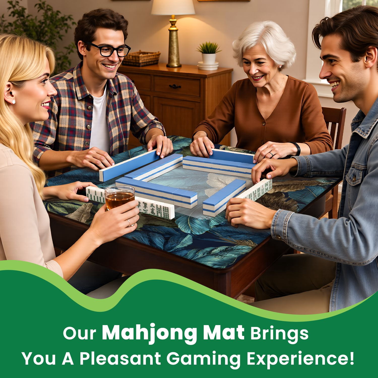 Mahjong Mat 31.5" x 31.5" Banana palm tree leaves seamless Exotic tropical Non-Slip Noise Reduction American Mahjong Tiles Table Cover for Dominoes Poker Card Board Games Gift