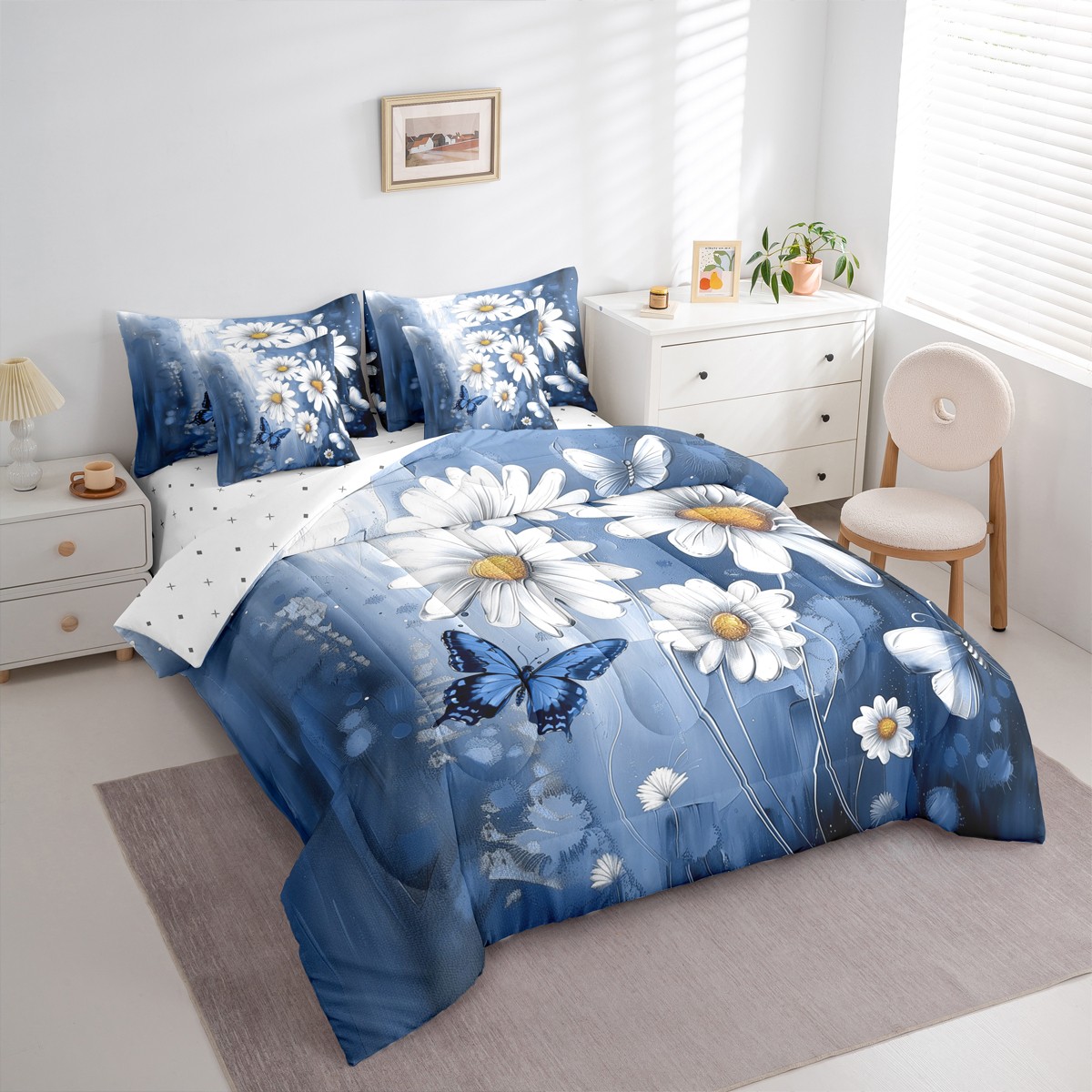 Homewish Cute Cartoon Daisy 7 Pieces Bedding Comforter Set,Rustic Flower Butterfly Full Bedding Set,Blue White Fitted Sheet Flat Sheet For Girls Kids,Microfiber Bedroom Decor Reversible