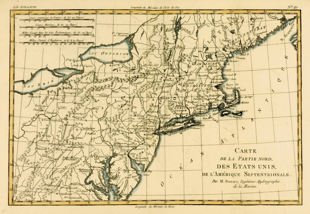 Map Of The Northern United States Of North America Circa1760 From Atlas De Toutes Les Parties Connues Du Globe Terrestre By Cartographer Rigobert Bonne Published Geneva Circa 1760 Canvas Art - Ken We