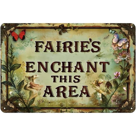 Vintage Garden Metal Tin Sign, Butterfly Fairy Magic Rustic Wall Art for Home Patio Yard Decor, Indoor Outdoor, 8 x 12 Inch