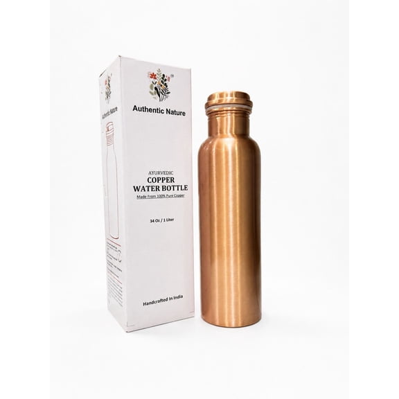 Authentic Nature Ayurvedic Copper Water Bottle, Pure Copper, 1 Litre/34 Oz, Plain, With Health Benefits, Handcrafted in India