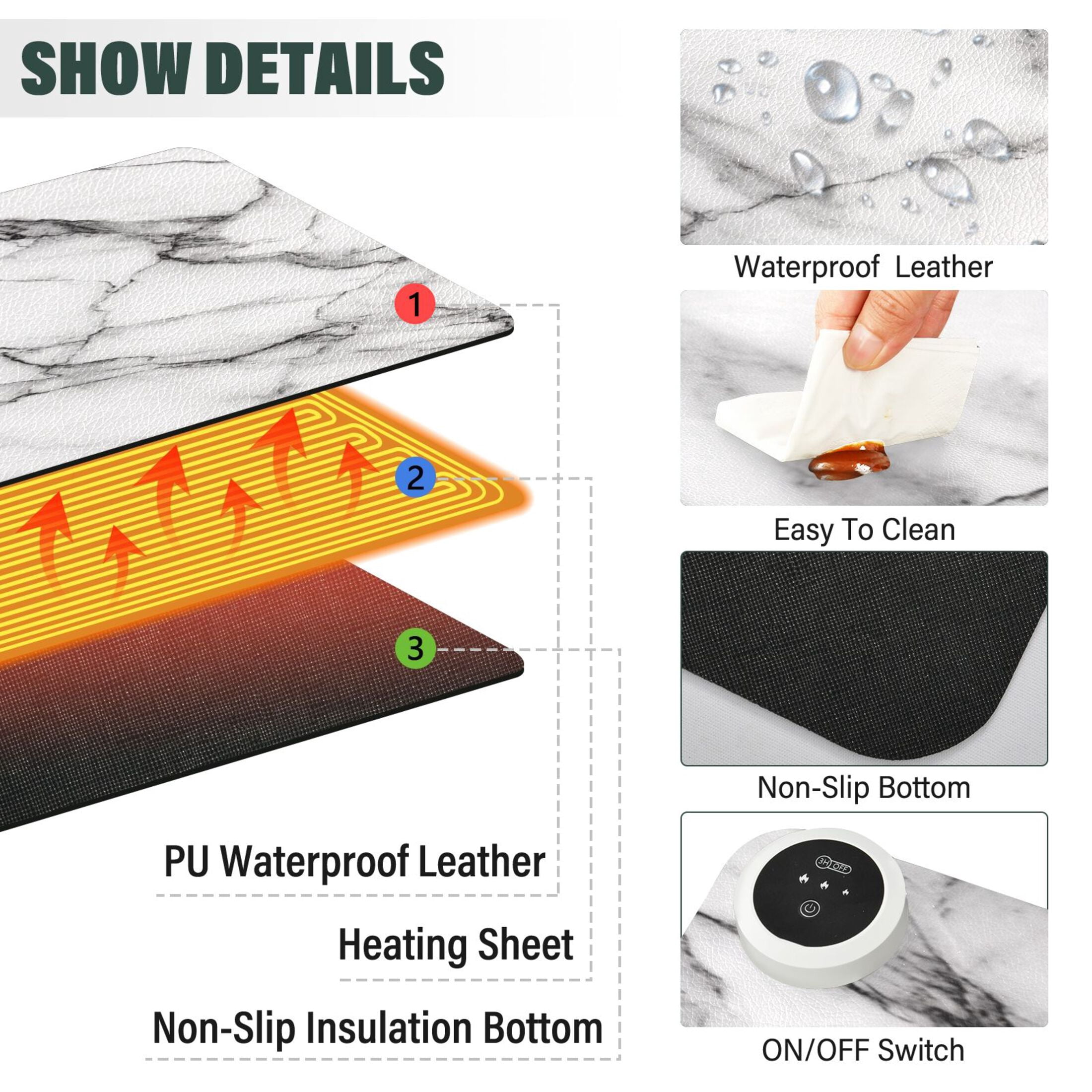 Large Heated Desk Mat Mouse Pad 31.5"x13"PU Leather Graphene Heating Desk Warmer with 3 Temperature Settings 110V US Plug Non-Slip Warm Pad for Home, Office, and Gaming Elegant Marble Texture Print
