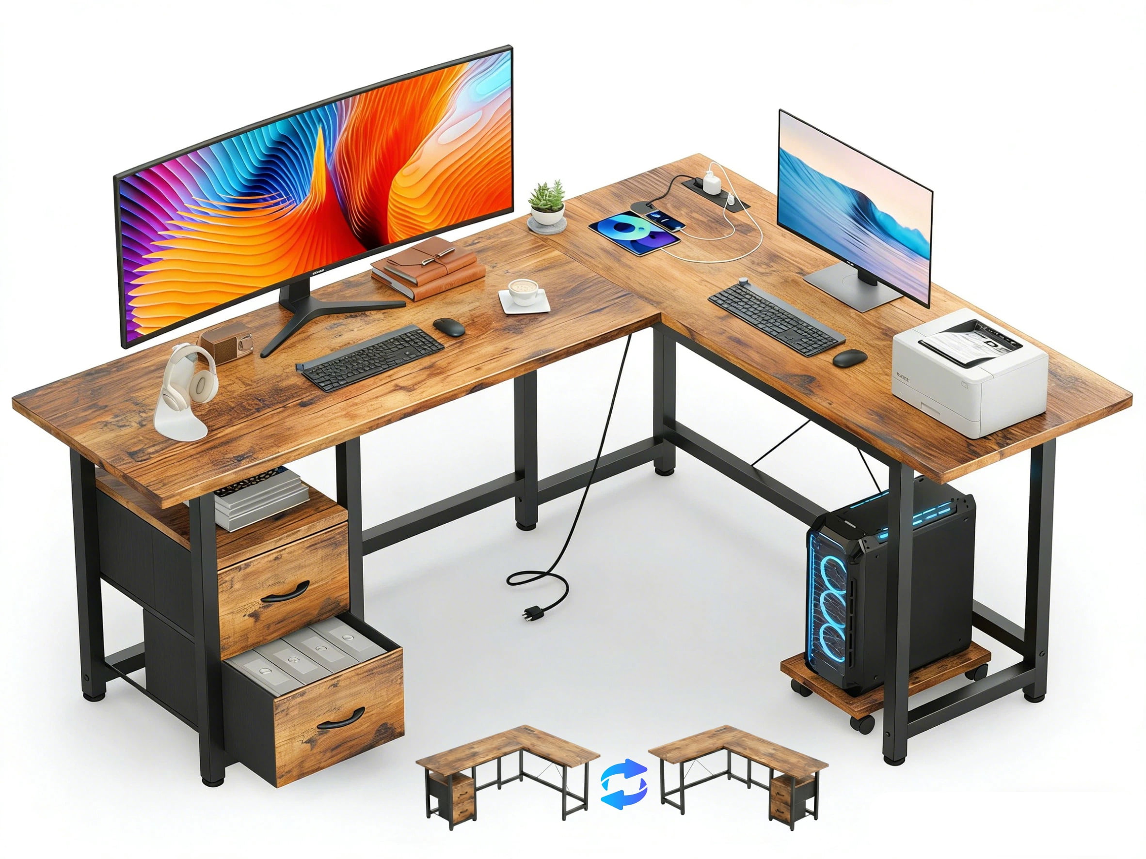 Asofer 66” L Shaped Desk with Drawers, Reversible Corner Computer Gaming Desk with Power Outlet, Rustic Brown
