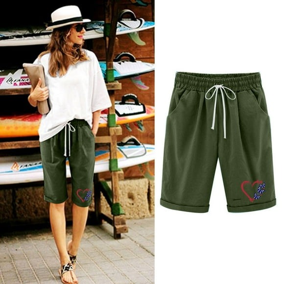 Meichang Bermuda Shorts for Women Pull On Summer Beach Shorts Casual Cotton Linen Shorts Drawstring High Wasit Short Pants with Pockets