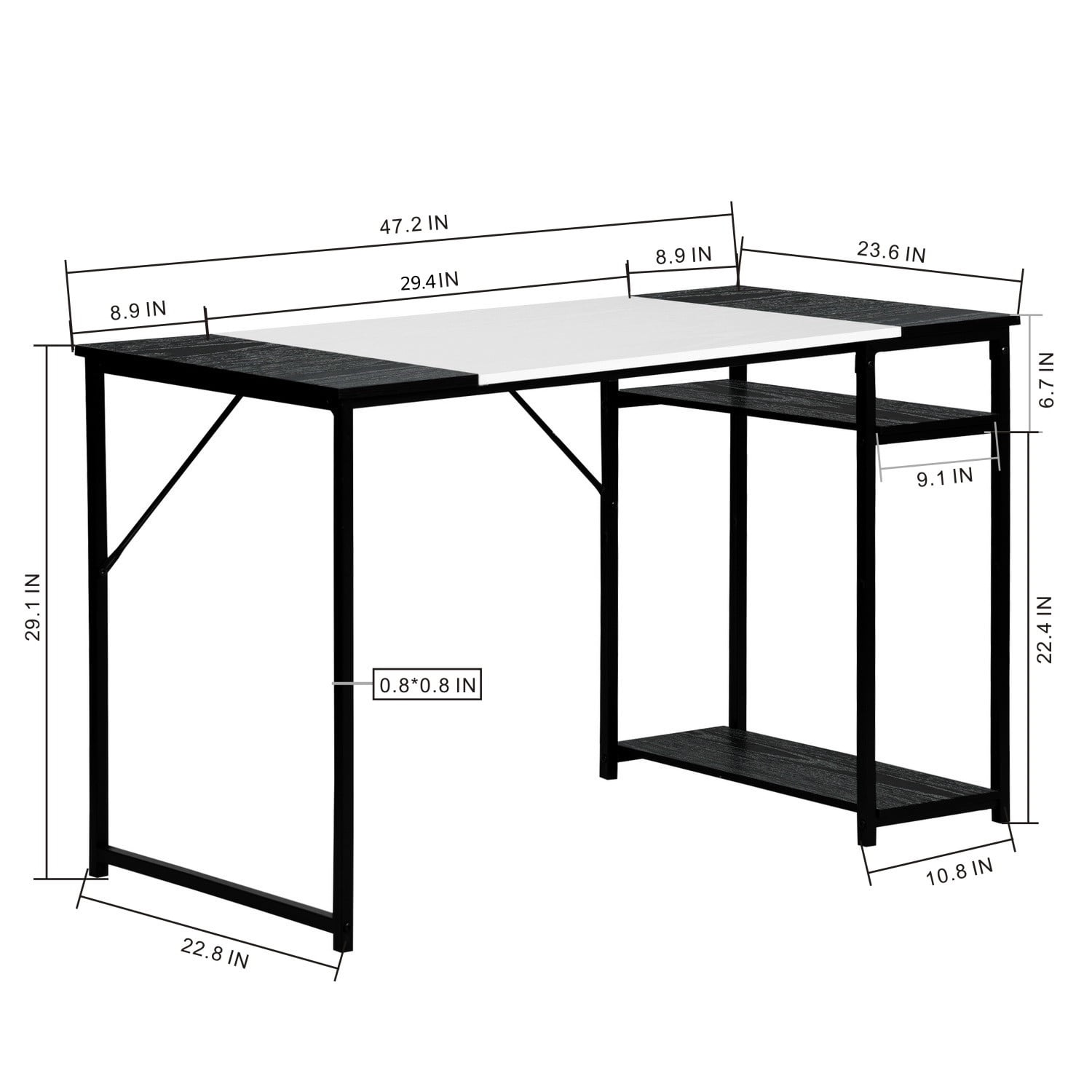 47.2" Modern Computer Desk with 2-Tier Storage Shelves, Metal Frame Waterproof Writing Workstation, Space-Saving Study Table for Home Office Bedroom