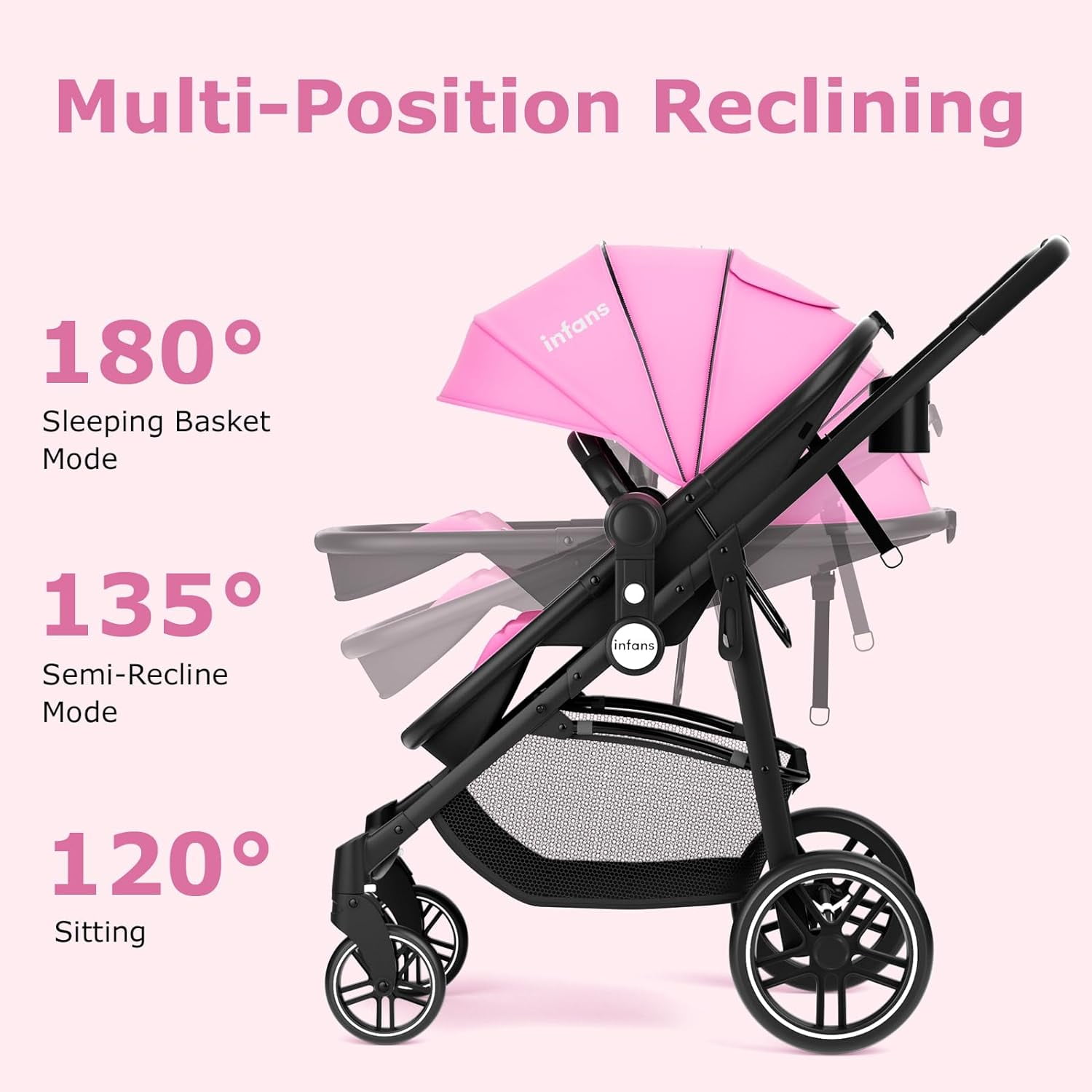 INFANS 2 in 1 Baby Stroller, High Landscape Infant Stroller, Foldable Pushchair with Adjustable Canopy, Cup Holder, Storage Basket, Suspension Wheels (Pink)